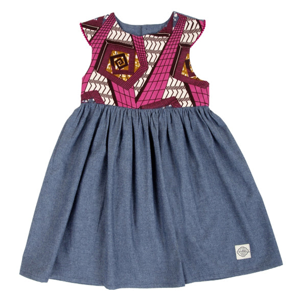 Girls Dress | Denim and Pink Wax Cloth