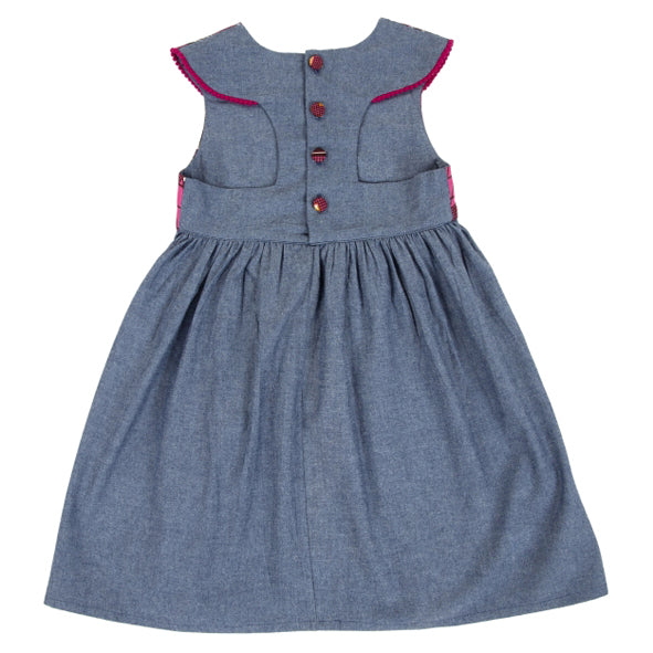 Girls Dress | Denim and Pink Wax Cloth