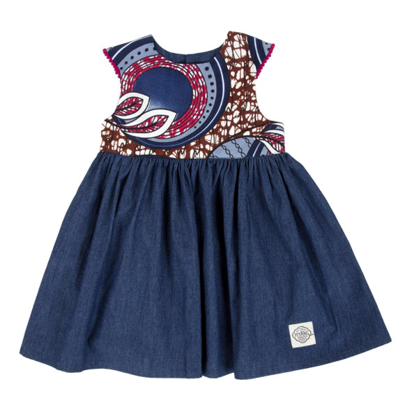 Girls Dress | Denim and Blue Wax Cloth