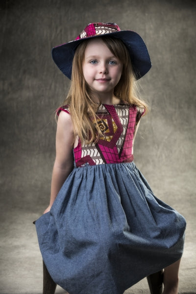 Girls Dress | Denim and Pink Wax Cloth
