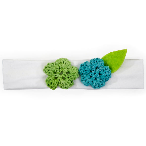 Headband / Girls - White with Green and Blue Flowers