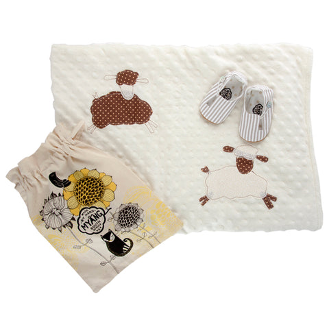 Sets / Unisex - Beige and White Stripe Keyhole Shoes & Sheep Blanket