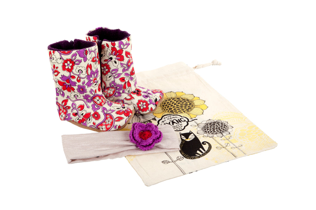 Sets / Girls - Floral Cord Boots & Cream Headband with Lilac and Red Flower