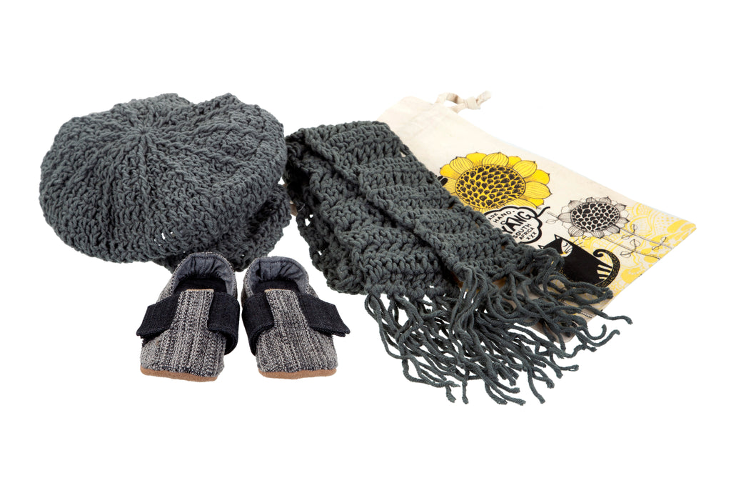 Sets / Boys - T-bar Charcoal Tweed Shoes and Gatsby Cap and Scarf Grey